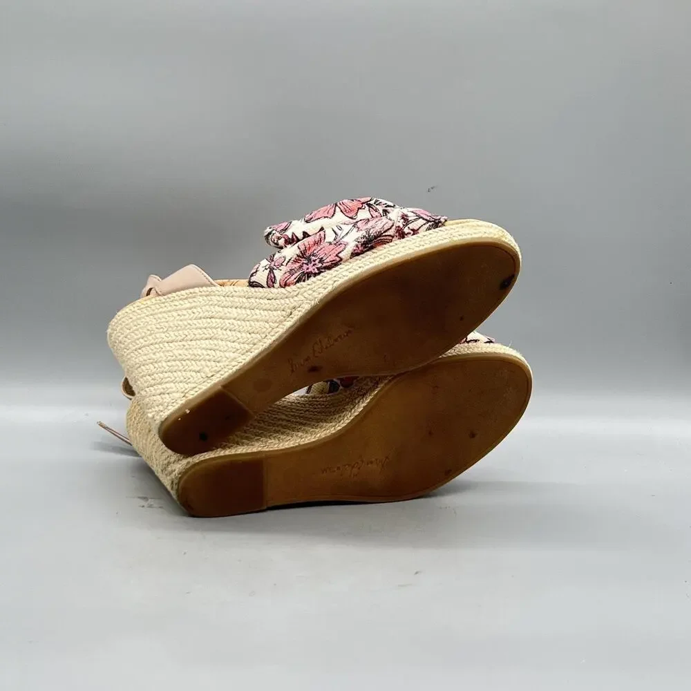 Sam Edelman Sandals Women 10 Pink Cotton Floral Bow Ankle Espadrille Wedge Shoes